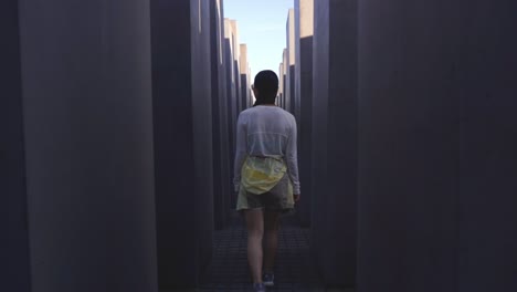 asian woman walking through the structured labyrinth of berlin's holocaust memorial, a poignant reminder of history, berlin germany, pullback in shadows