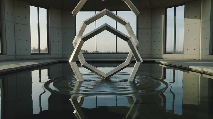 Patung Geometris Abstrak yang Menurun ke Dalam Kolam Refleksi Dalam Ruangan yang Tenang