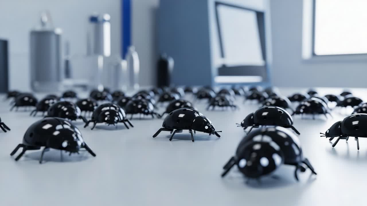 A Fascinating Exploration of Robotic Beetles Scattered Across a Lab Table, Showcasing Their Design and Innovative Engineering in a High-Tech Environment