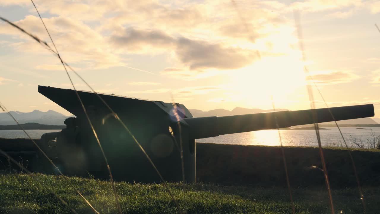 Artillery cannon pointed towards the ocean with a beautiful sunset in the background and grass in foreground