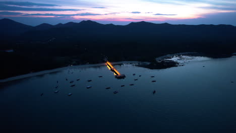 aerial view approaching the loh jark pier at koh yao yai island, dusk in thailand