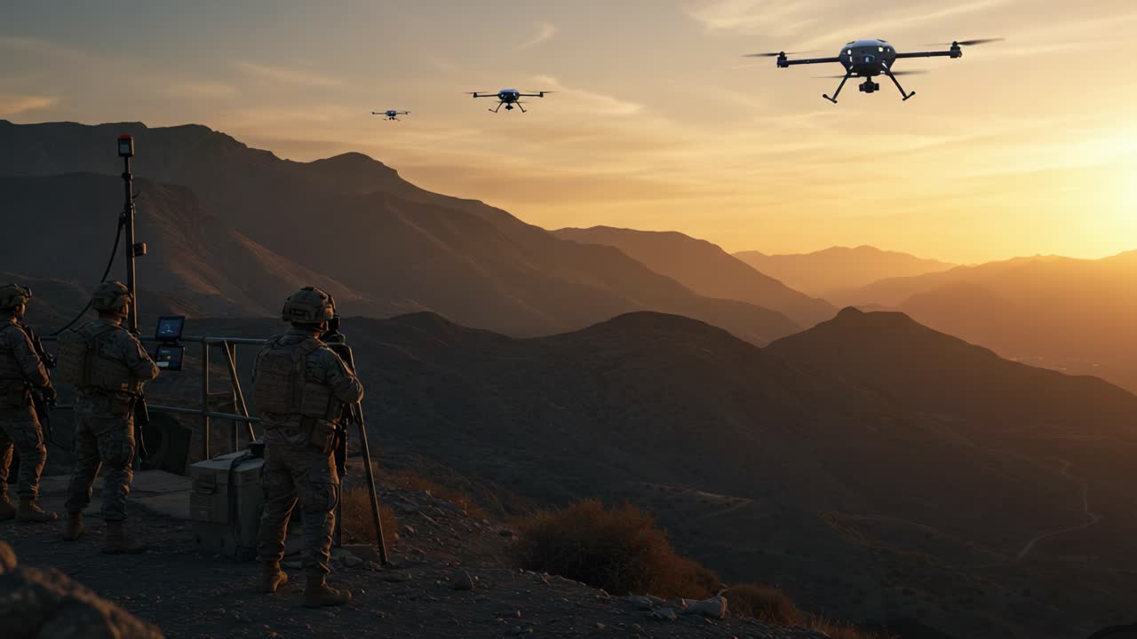 Military personnel observe multiple drones in flight during a sunset operation, highlighting advanced technology and strategic surveillance in rugged terrain