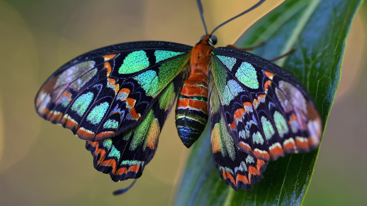 Video ravvicinato con angolazione che mostra una vivace farfalla su una foglia, mettendo in risalto motivi intricati sulle ali e colori vividi.