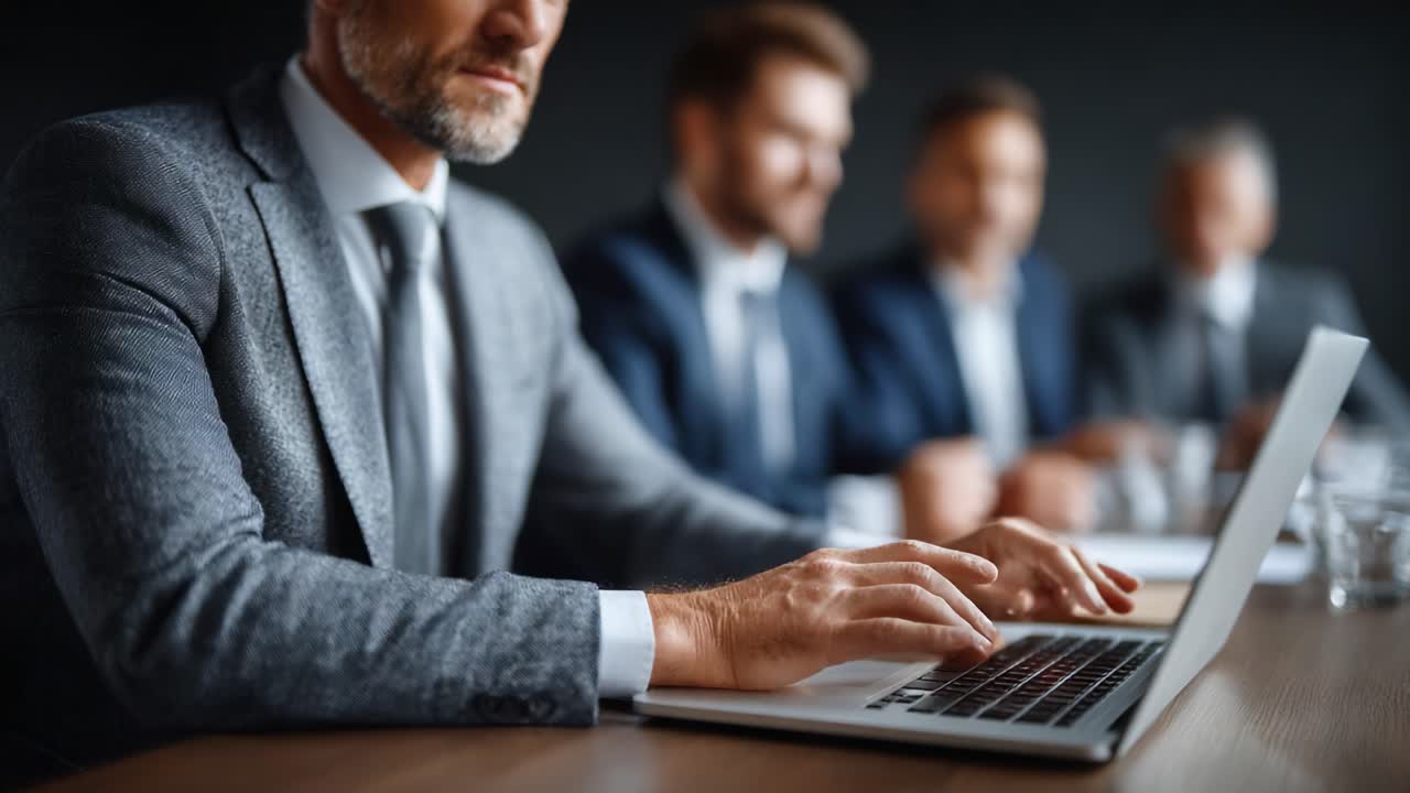 A Professional Business Meeting in Progress: Focusing on Modern Communication as Key Figures Utilize Laptops for Strategy and Collaboration in a Corporate Environment