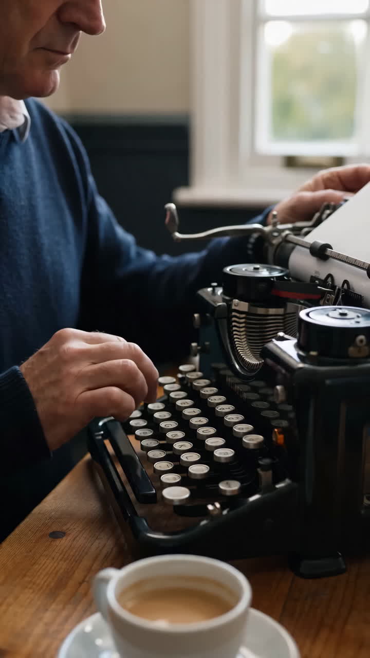 Romanziere in pensione che digita su macchina da scrivere vintage, primo piano mani che premono tasti rotondi, foglio di carta che si inserisce