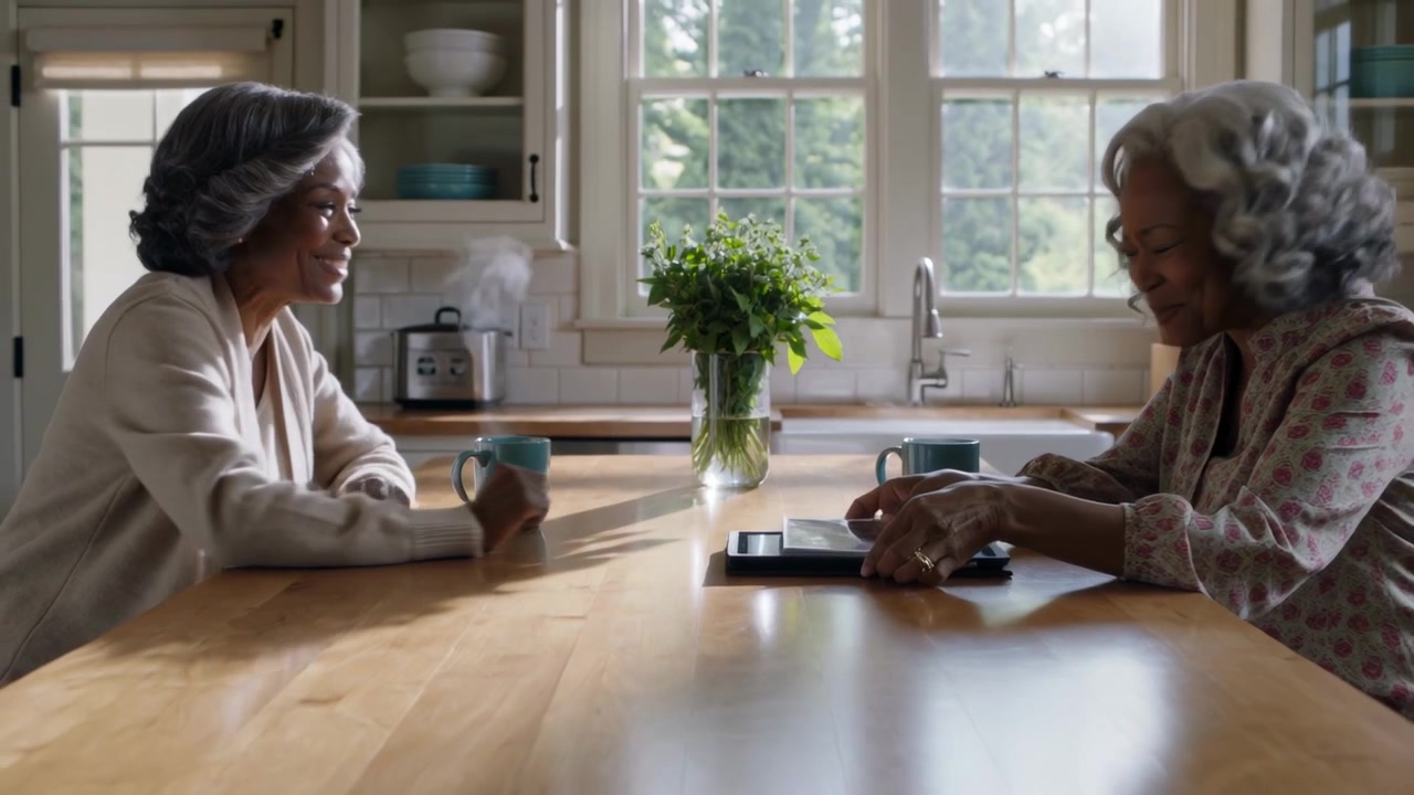 Placing woman in cardigan sliding tablet to woman at kitchen table, sharing photos with teal mugs
