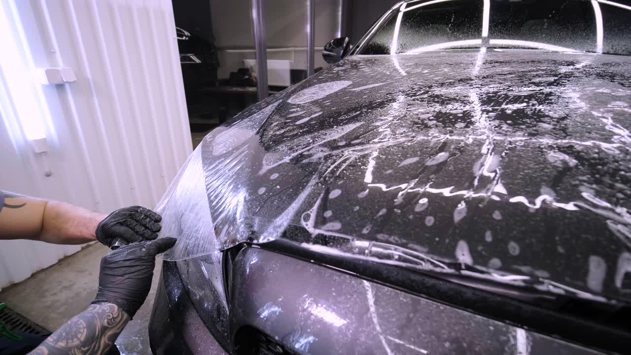 hombre que cubre el coche con cinta de poliuretano de vinilo. películas para el coche. pegatina película protectora en el coche
