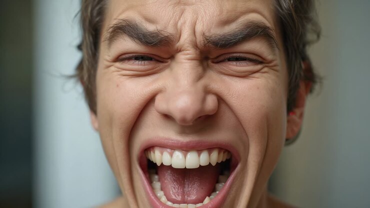 Shouting adult male widening mouth, lifting head, tilting at home, showing pain, with dark shirt