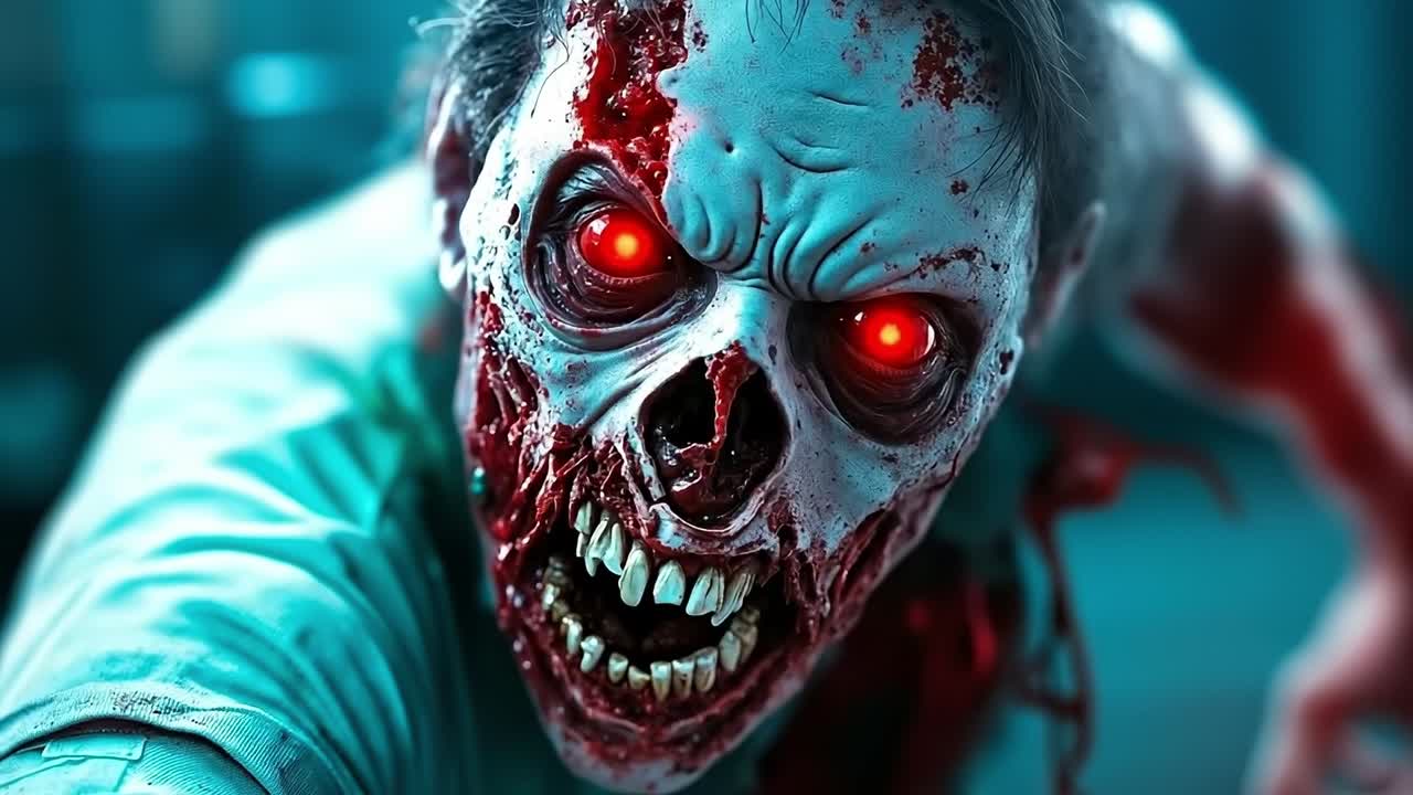 A close up of a person with red eyes and a bloody face