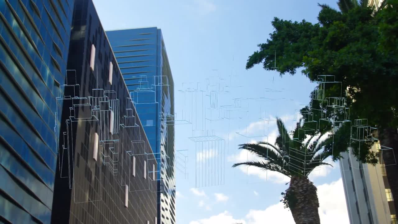 animación de un modelo de ciudad en 3d sobre el paisaje urbano