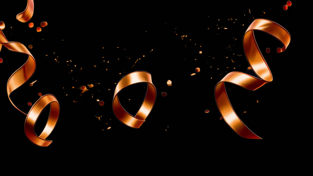 Golden Ribbons and Confetti on Black Background