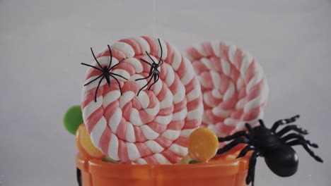 Spiders-falling-over-in-halloween-pumpkin-bucket-filled-with-candies-against-white-background