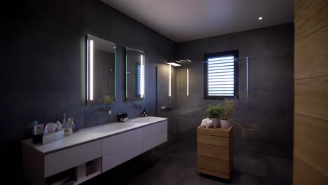 slow revealing shot of a modern grey tiled wetroom with double basin vanity unit