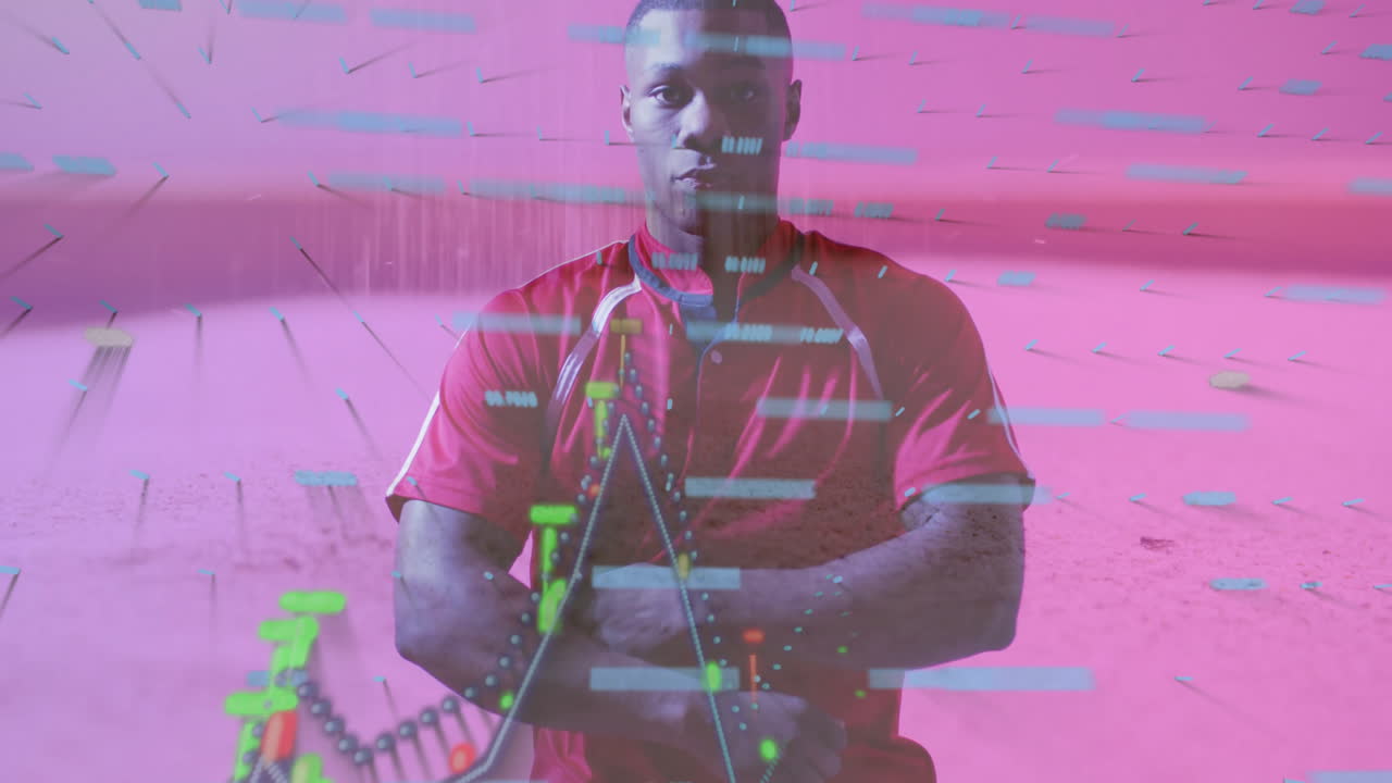 In animation, athlete wearing red jersey with digital data on pink background