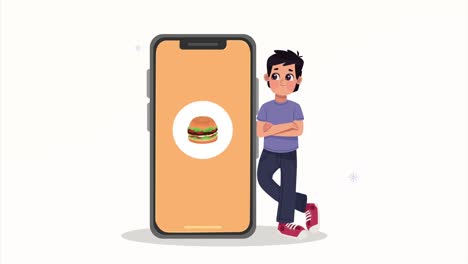 joven con comida rápida en el teléfono inteligente