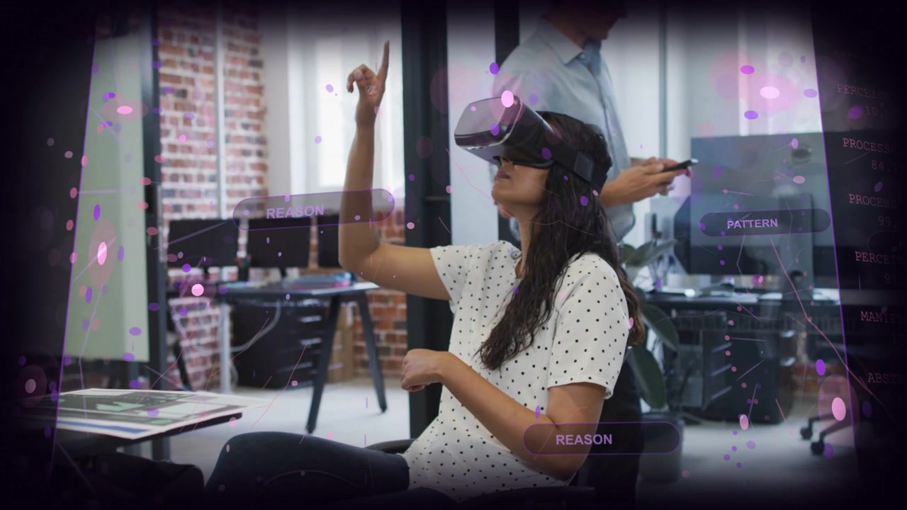 Seated woman with VR headset tapping and tracing floating UI labeled REASON PATTERN in office test