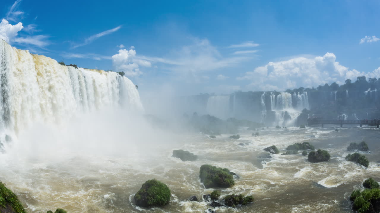이구아즈 폭포의 타임 스 (time-lapse of iguazu waterfalls around a big green area, in a sunny day, foz do iguaçu, paraná, brazil) 는 브라질의 파라나 주 포즈 도 이구아쿠 (foz do iguacu, parana, brazil) 에서 촬영된 사진이다.