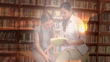 animation of landscape over caucasian schoolgirl and teacher reading book in library