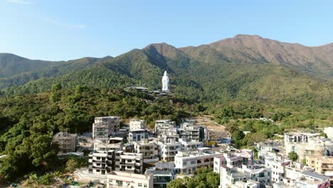 aerial view of hong kong tsz shan monastery and the famous avalokitesvara guan yin statue, goddess of mercy