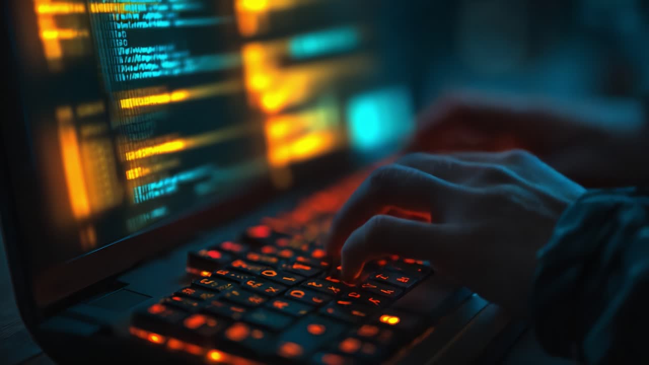 Expert Hands Engaged in High-Tech Coding, Illuminated Keyboard, and Complex Code on Laptop Screen Captured in a Dynamic Digital Environment