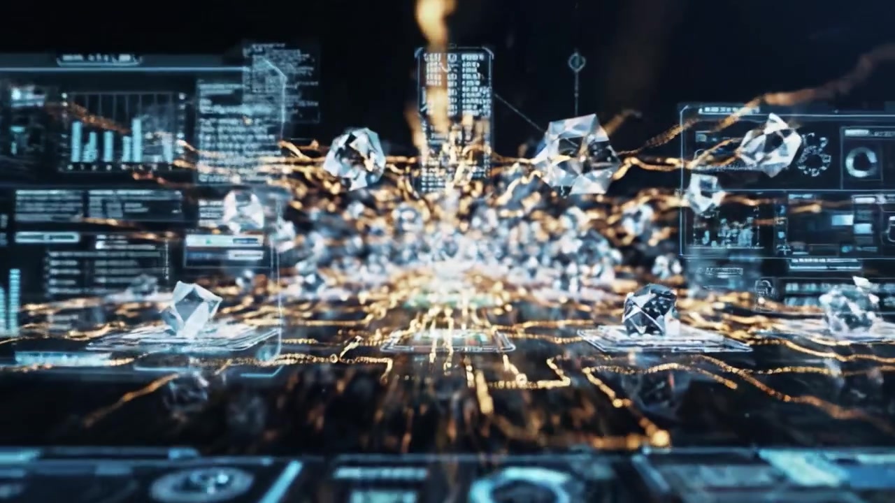 Dynamic Visualization of Network Data Flow in a Digital Realm, Showcasing Waves of Light, Information Patterns, and Crystal-like Structures in a High-Tech Environment