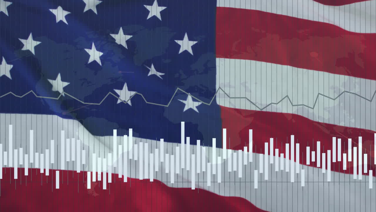 American flag overlaying financial charts and world map, creating dynamic animation