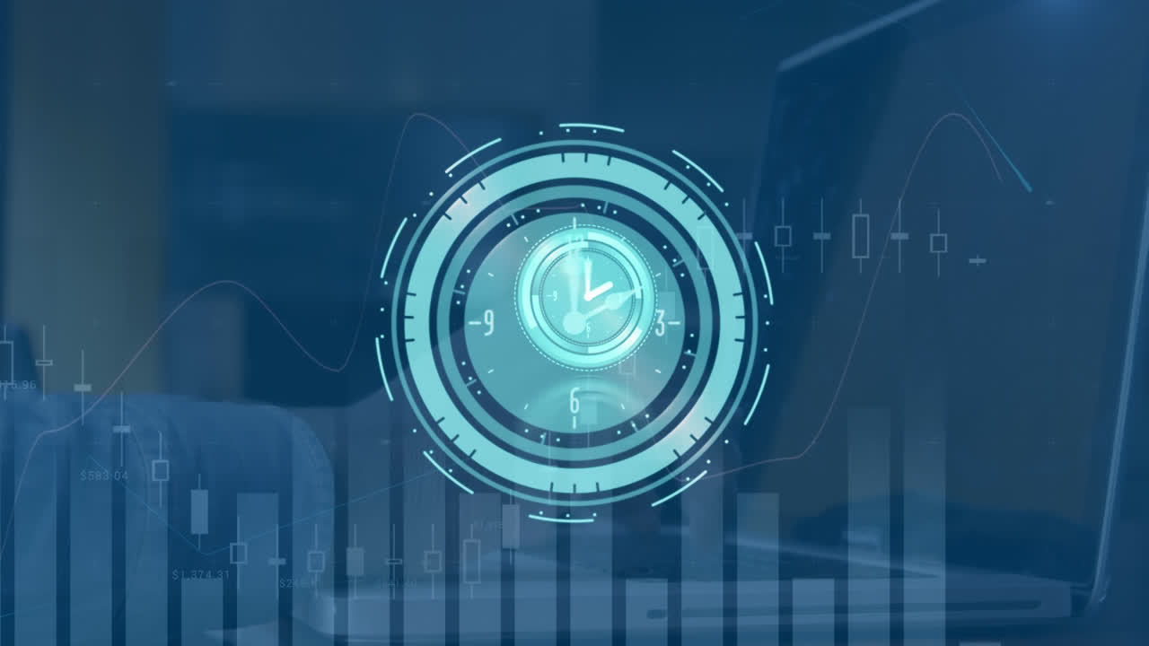 animación de movimiento del reloj sobre el gráfico y las manos escribiendo en la computadora portátil