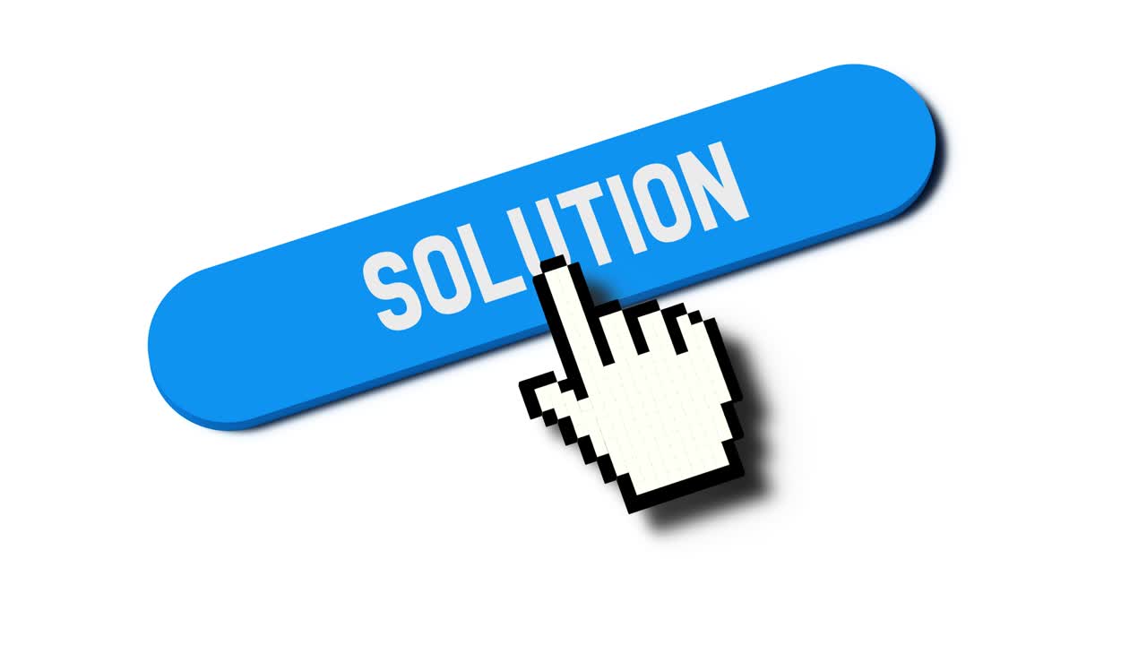 Pixel Hand cursor choosing Solution text button on isolated background