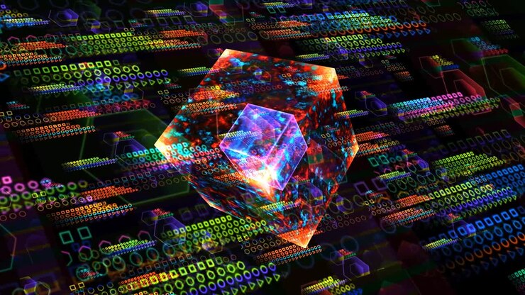 Quantum computer core futuristic technology digital layer dimension holographic process and analysis for big data and abstract orange zone polygon background
