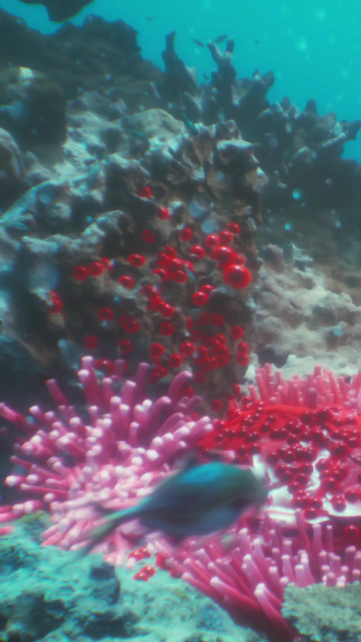 Barriera corallina con anemoni e pesci che nuotano in un oceano limpido.