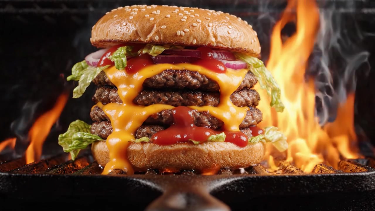 Succulento hamburger a tre strati con formaggio fuso e condimenti freschi che griglia sulle fiamme, mettendo in mostra un panino ai semi di sesamo perfettamente tostato.