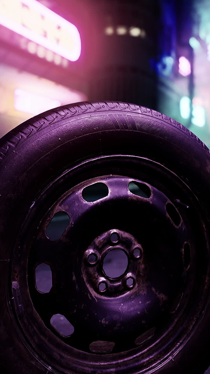 primer plano de un neumático de repuesto en una calle de la ciudad por la noche