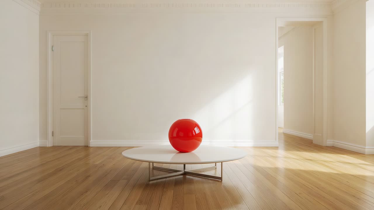 Shifting camera making red sphere moving on round table in room, revealing reflection shift