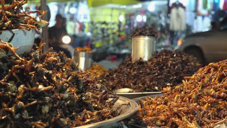 fried insects for sale at the side of the street at night