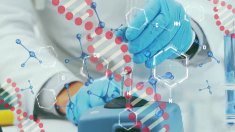 Animation-of-dna-strands-and-scientific-data-processing-over-male-caucasian-scientist-in-laboratory