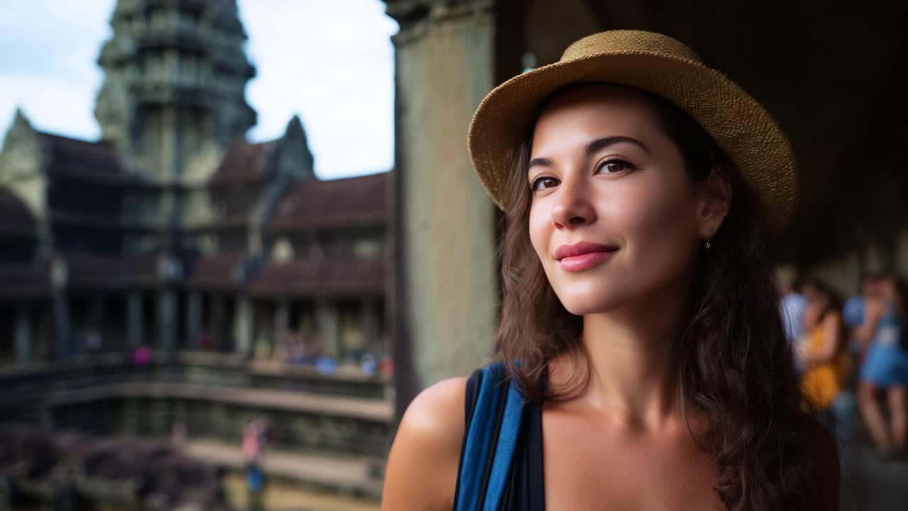 Ein stiller Moment, eingefangen von einer jungen Frau mit Hut, die nachdenklich dreinblickend antike Architektur erkundet und dabei Schönheit und historische Faszination hervorhebt.