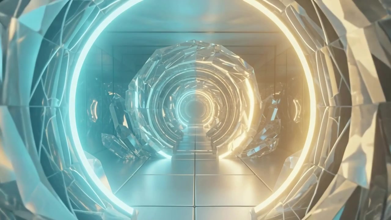 Sequence starting camera advancing toward faceted crystal portal in mirror corridor, exposing rings