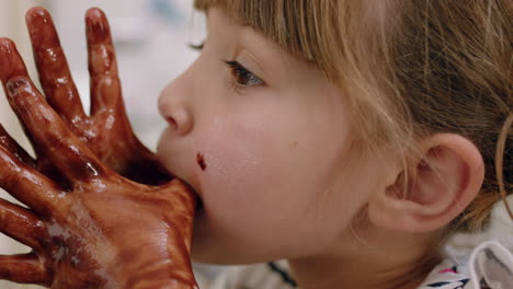 happy little girl with hands covered in chocolate licking fingers having fun baking in kitchen naughty child playing enjoying childhood