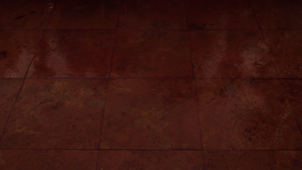Low-angle shot of wet, terracotta-colored floor tiles. Surface shows glossy reflections and damp patches in dim lighting, emphasizing the square grid patterns and weathered masonry texture.