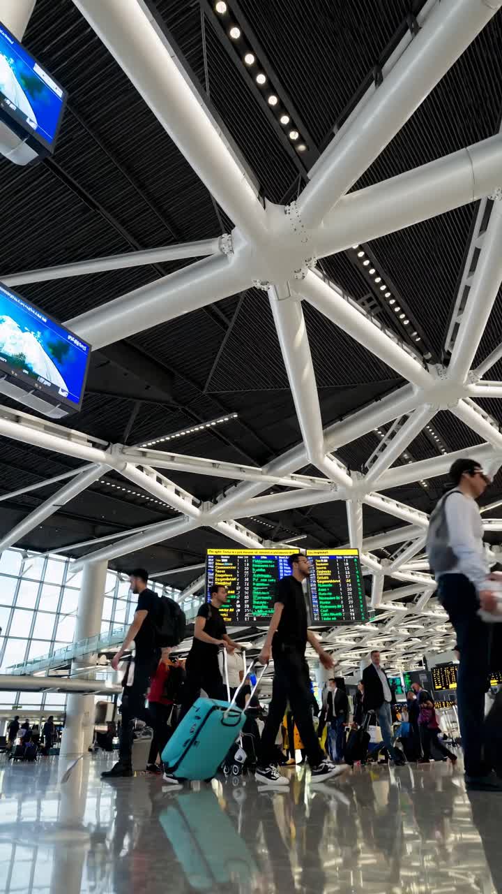 Low-angle shot of a bustling airport terminal, capturing travelers with luggage