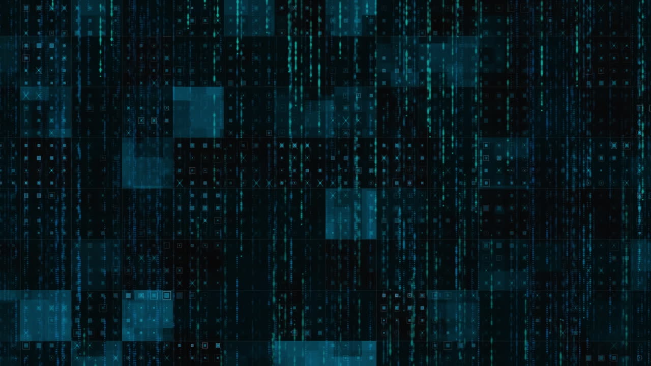 animación del procesamiento de datos y cuadrados sobre fondo negro