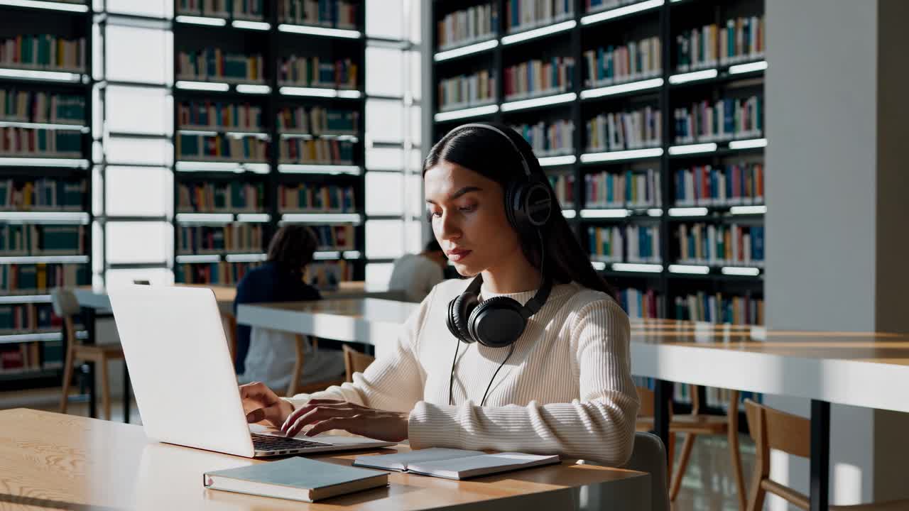 mujer estudiando en una biblioteca