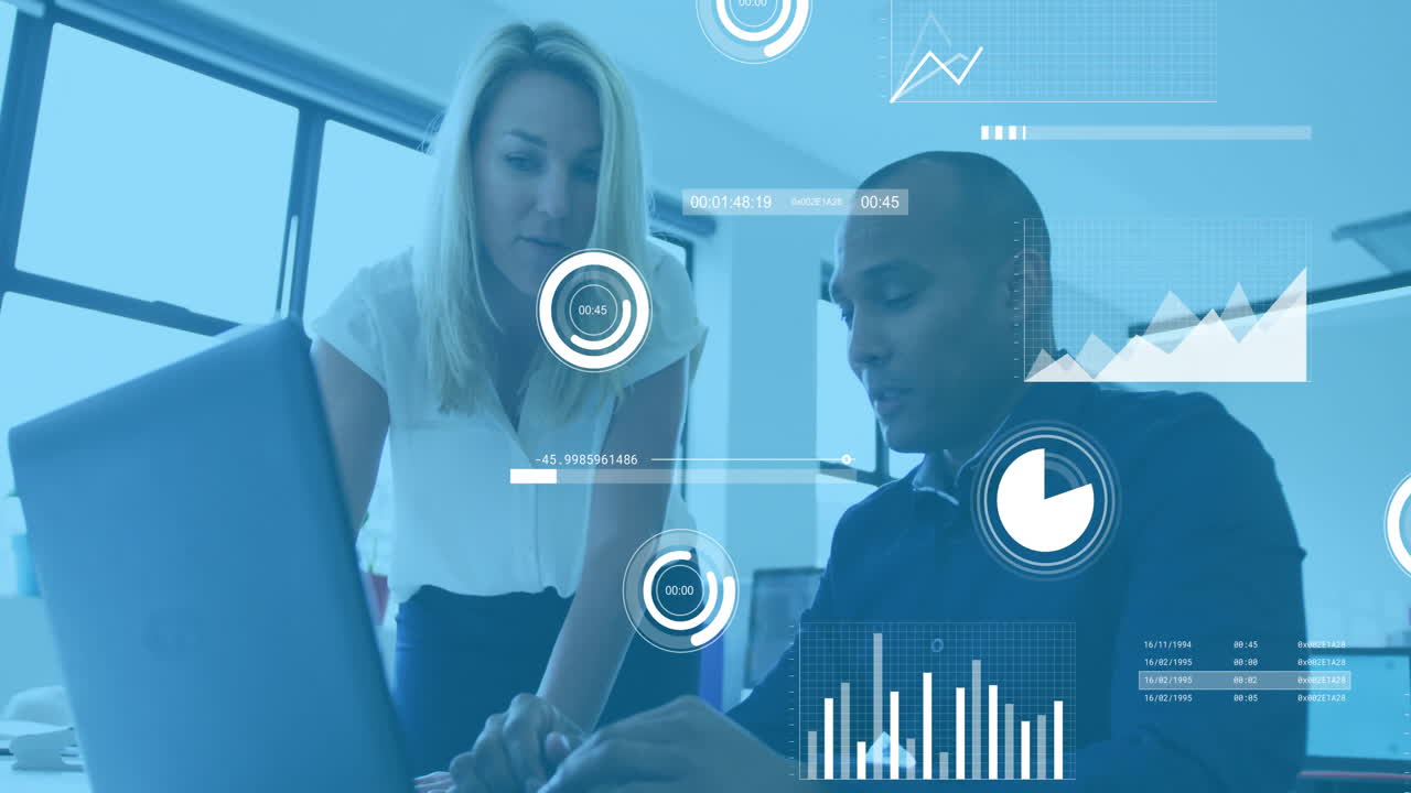 Animation of financial data processing over diverse business people in office