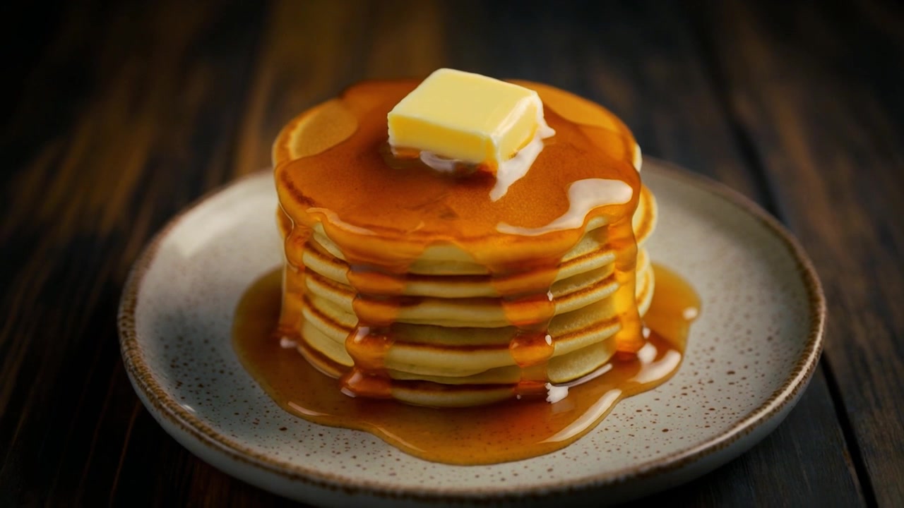 Maple Syrup Pouring Over a Stack of Pancakes with Butter