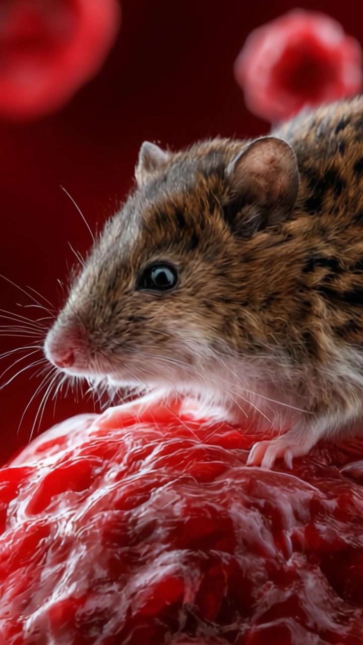 Una vista ravvicinata di un topo su una superficie rossa vibrante, che cattura i dettagli intricati della sua pelliccia e l'ambiente microbico circostante.