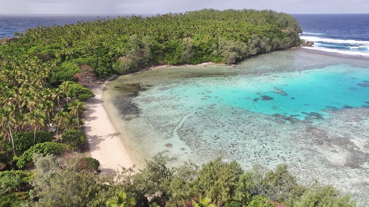 Remote lagoon birds eye over the lush palm trees and small sandy beach in Vava'u, Tonga, Pacific.