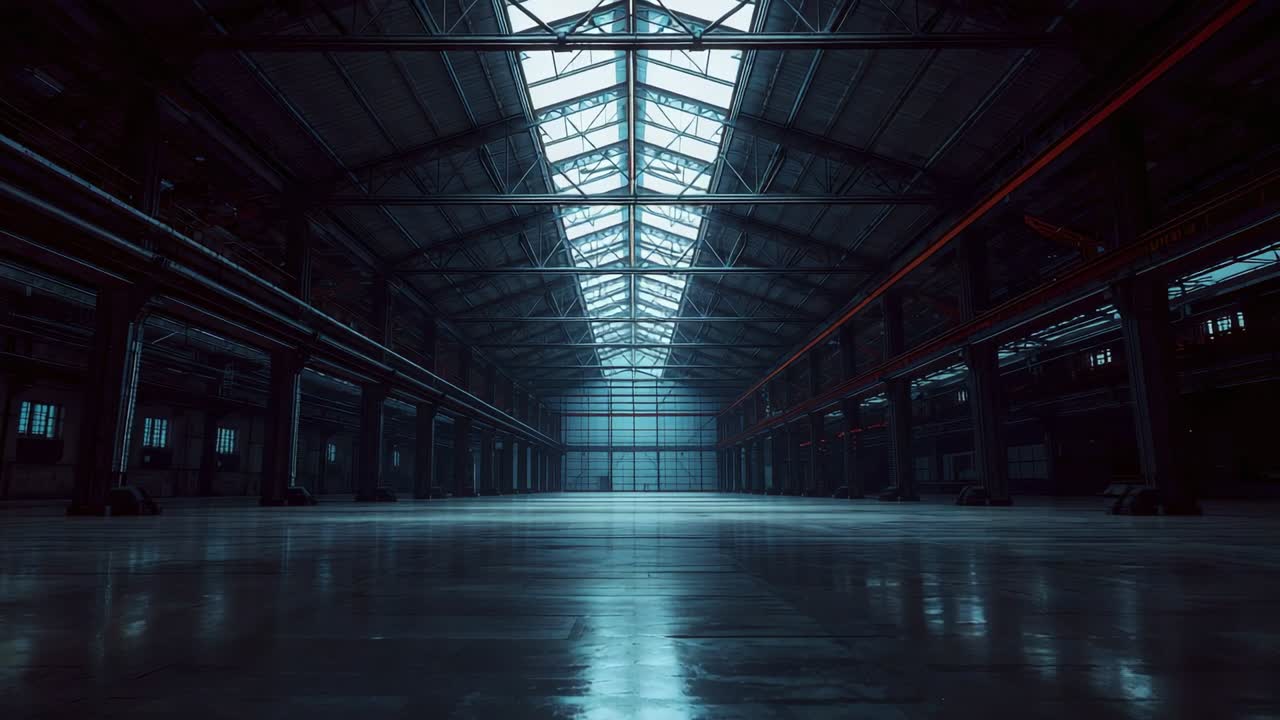 Opening shot capturing empty warehouse interior remaining still, with steel columns and skylights