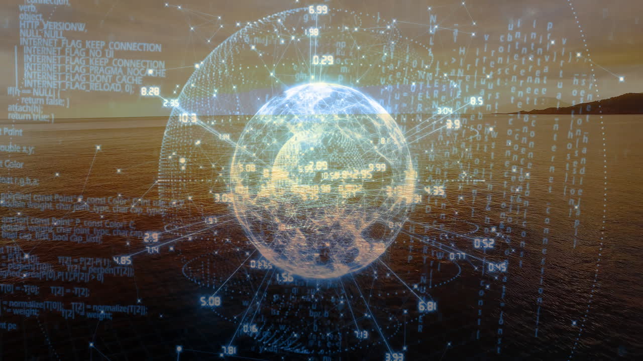 Digital globe and data processing animation over ocean landscape at sunset