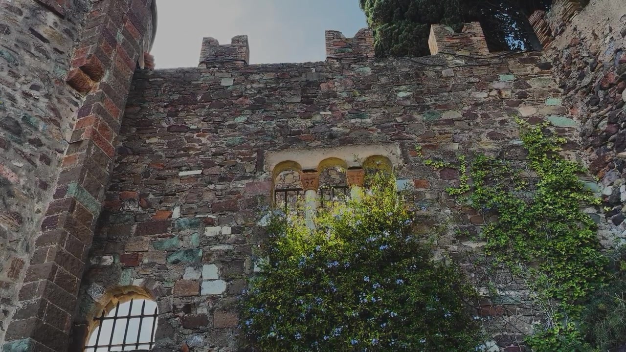 Mura di un castello in pietra consumata, finestre ad arco e merli merlati sono ricoperti di edera lussureggiante e piante rampicanti fiorite nel Sud della Francia