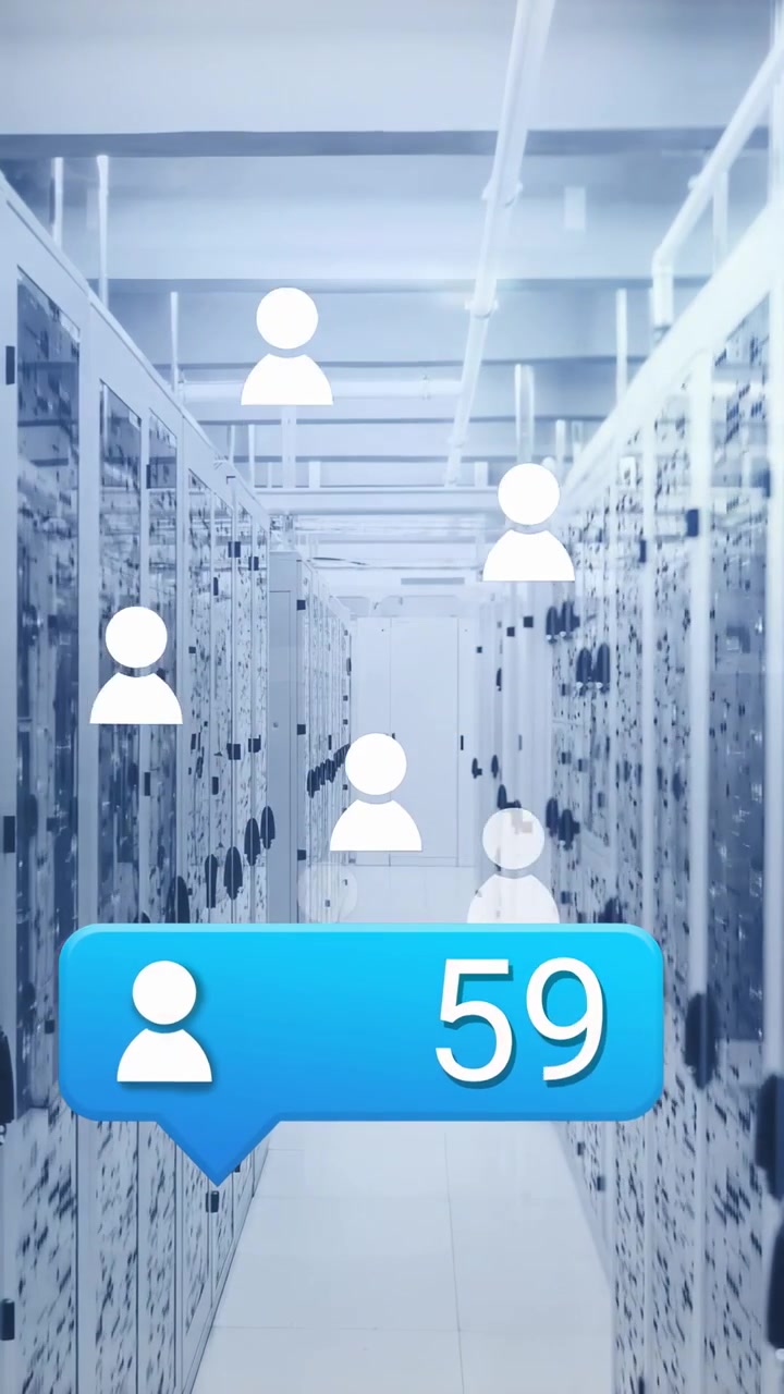 Blue speech-bubble counter incrementing and spawning rising user icons, visualizing platform growth